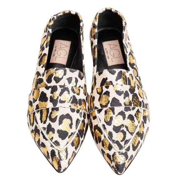 Agl Shoes - AGL Italy Softy Metallic Gold Leopard Leather Snakeskin Loafers Moccasins 38 / 8